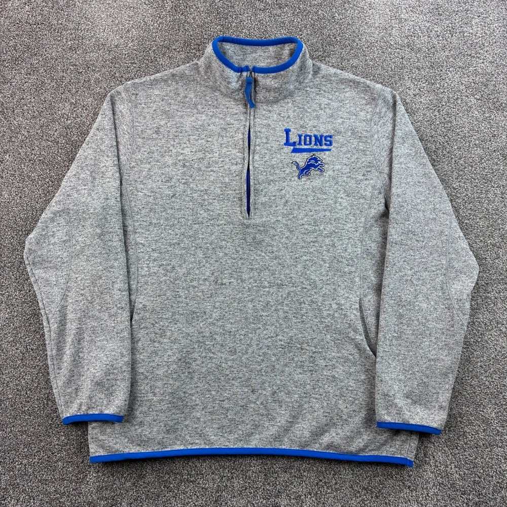 NFL Detroit Lions Pullover Mens XL Gray 1/4 Zip Fleece Sweater Jacket Football